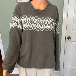 Erika Olive Green Crewneck Sweater with White Fair Isle Yoke